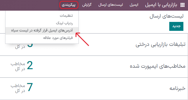 نمایی از آدرسهای ایمیل وارد شده به لیست سیاه در بازاریابی با ایمیل سازمانیار.
