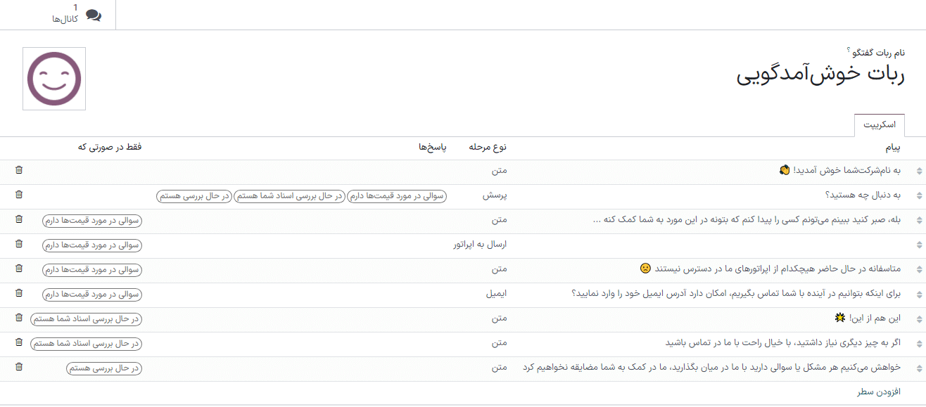 نمایی از اسکریپت ربات خوشامدگویی در گفتگوی آنلاین اودوو.