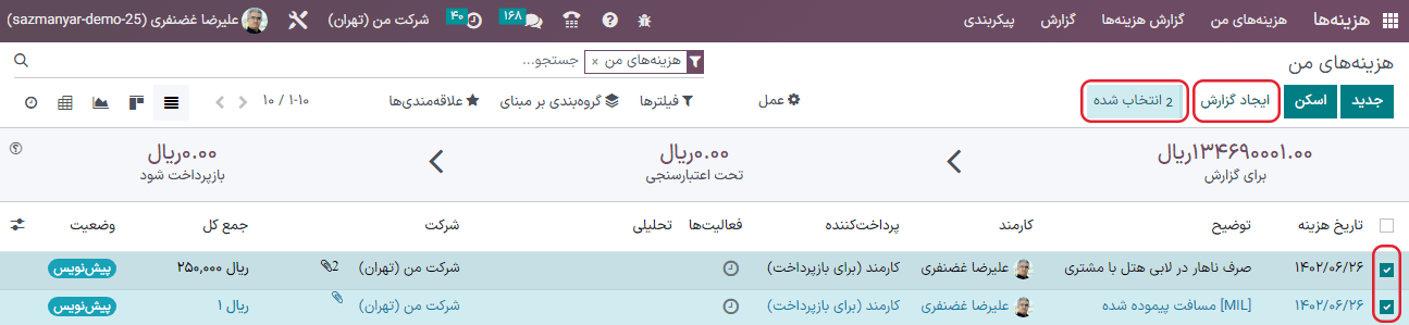 انتخاب هزینهها برای ثبت، و سپس ایجاد گزارش.