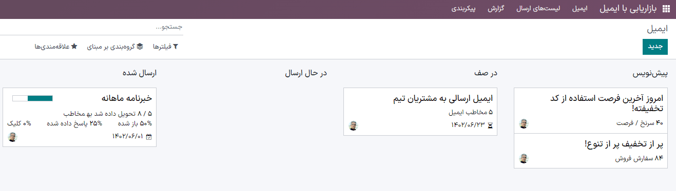 نمایی از داشبورد اصلی برنامه بازاریابی با ایمیل در سازمانیار.