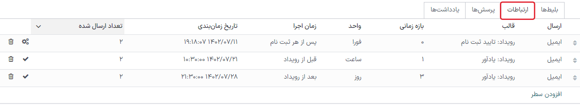 نمای تب ارتباطات در برنامه رویداد سازمان‌یار.