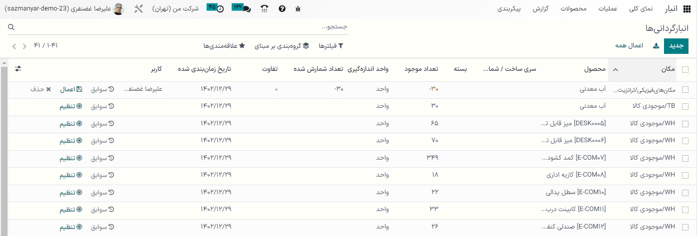 محصولات موجود در انبار که در صفحه انبارگردانی لیست شده‌اند.