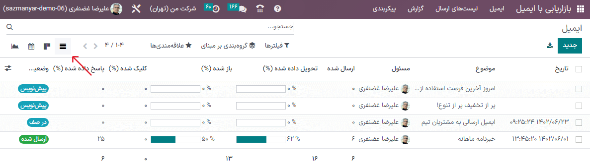 نمای لیستی برنامه بازاریابی با ایمیل در سازمانیار.