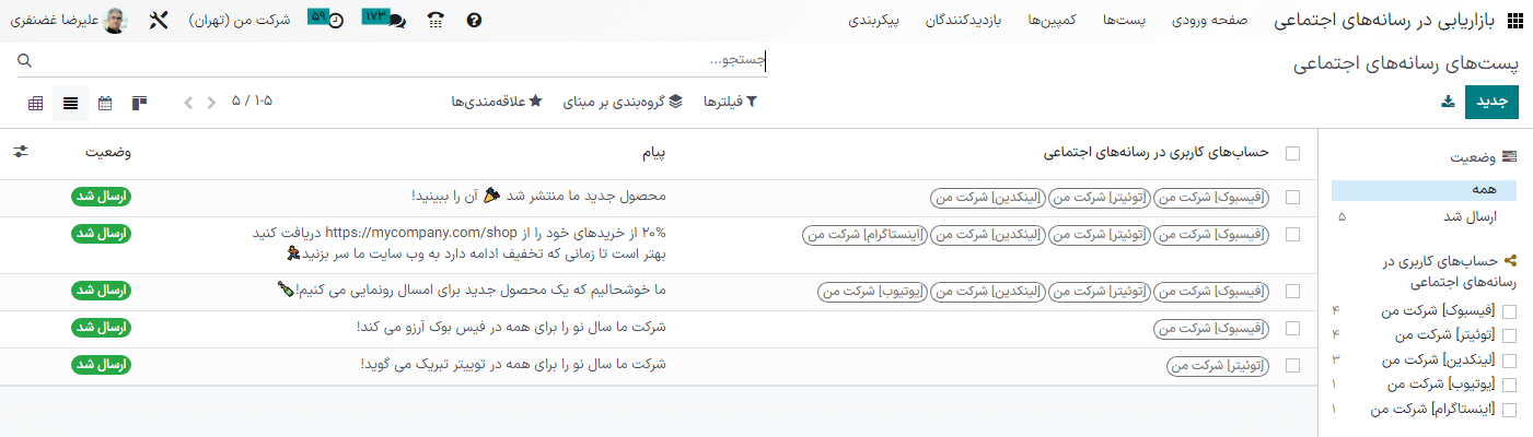 نمایی از گزینه لیست در صفحه پستهای بازاریابی در رسانههای اجتماعی سازمانیار.