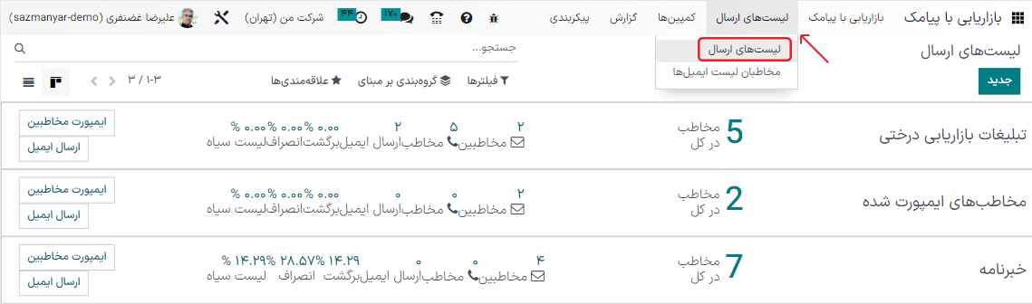 نمایی از صفحه لیست‌های ارسال پیامک در برنامه بازاریابی با پیامک سازمان‌یار.