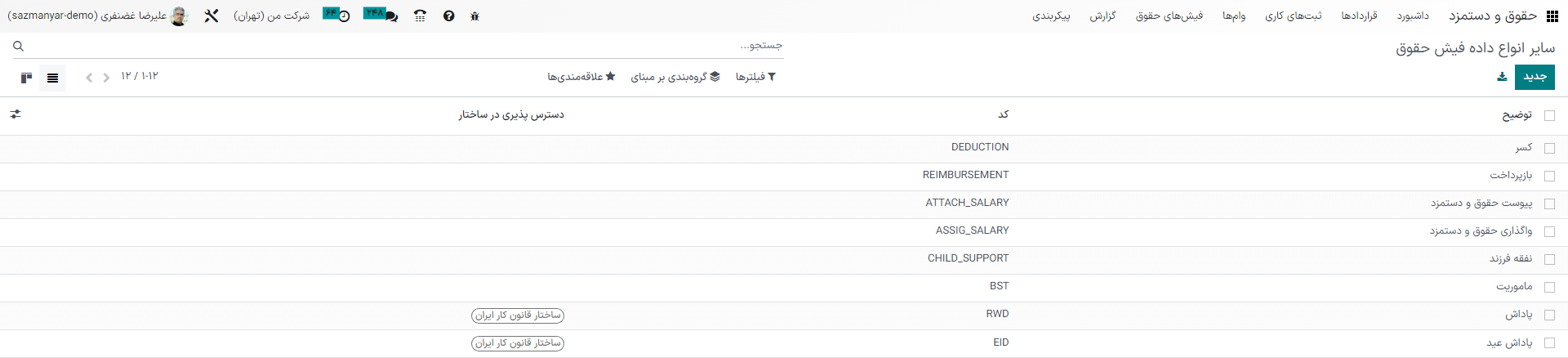 لیستی از سایر انواع ورودیهای حقوق و دستمزد که میتوان به هنگام ایجاد ثبت جدید برای فیش حقوقی انتخاب کرد.