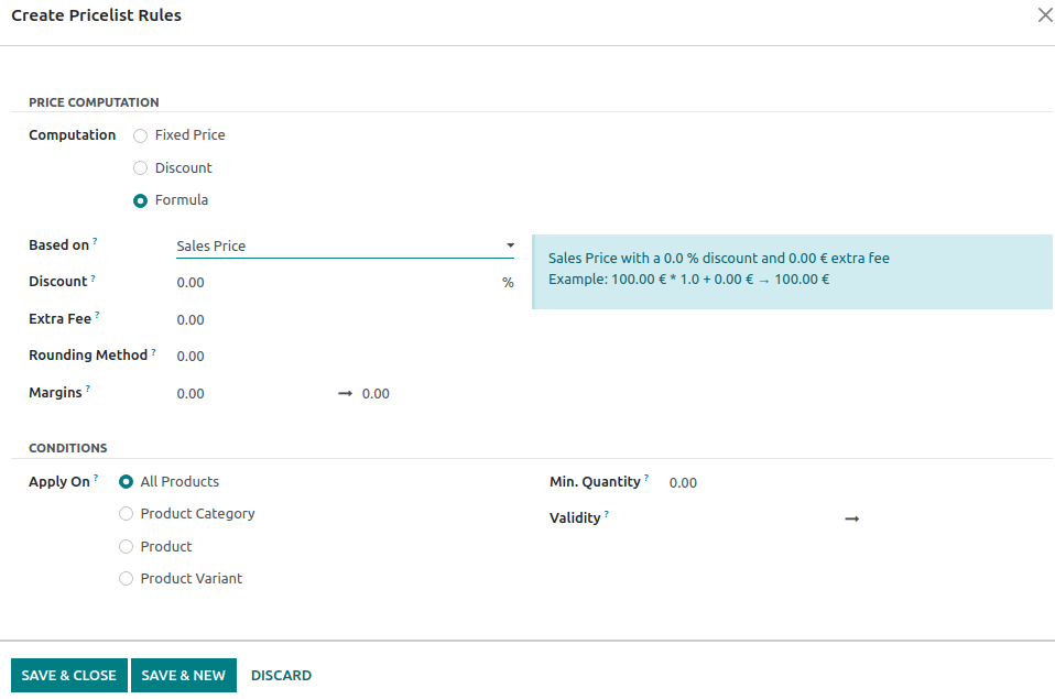 فرم تنظیمات برای پیکربندی لیست قیمت پیشرفته