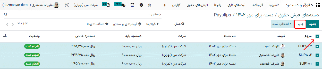دکمه چاپ برای چاپ فیشهای حقوق.