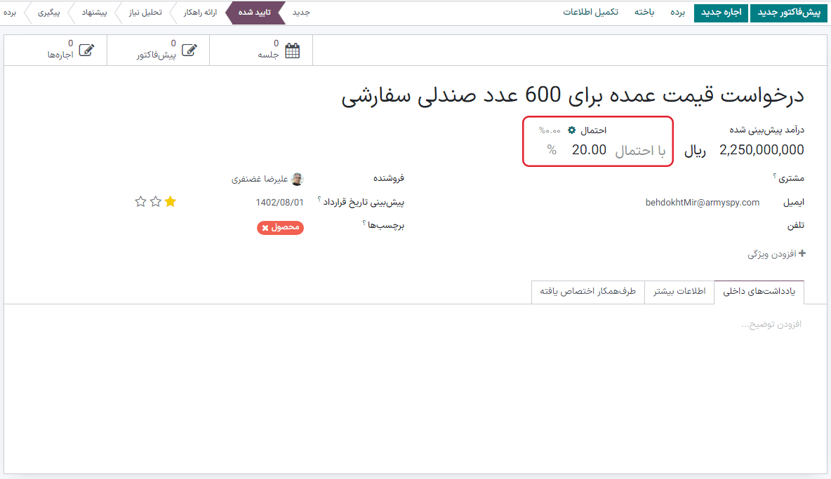 احتمال موفقیت در فرم فرصت نمایش داده می‌شود.