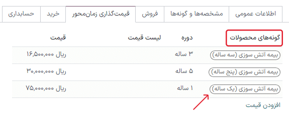 گونه‌های محصول در تب «قیمت‌گذاری زمان‌محور» در فرم محصول.