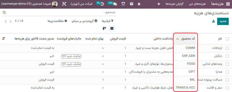 شمارههای ارجاع داخلی که در نمای دستهبندی هزینهها نمایش داده میشود.