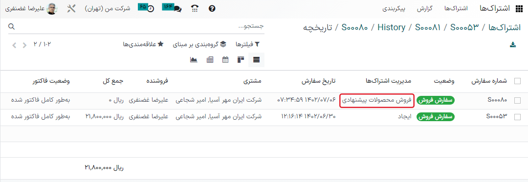 نمای لیستی تمام سفارشهای فروش ایجاد شده برای اشتراک