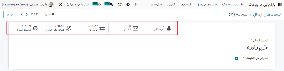 نمایی از فرم قالب لیست ارسال در بازاریابی پیامکی سازمان‌یار.