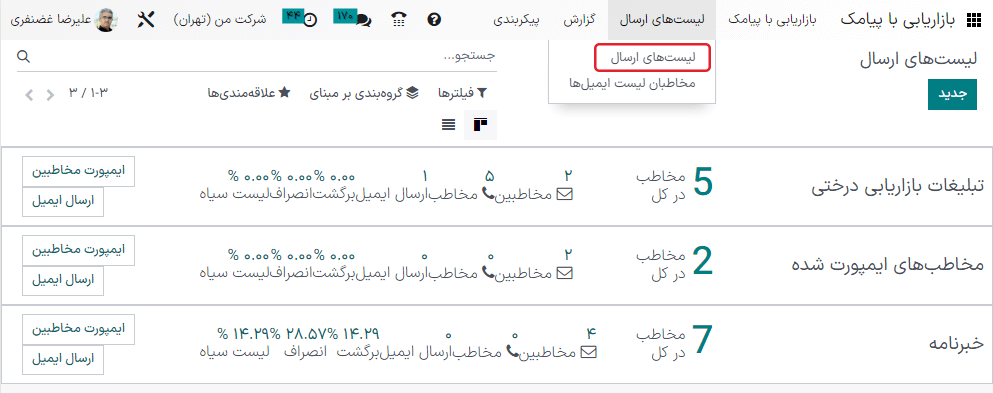 نمایی از صفحه لیست ارسال در برنامه بازاریابی با پیامک.