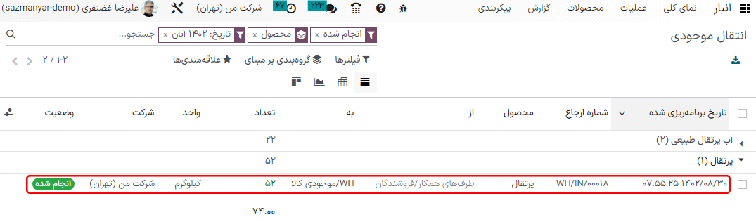 رکورد دریافت موجودی برای 52.1 کیلوگرم پرتقال.