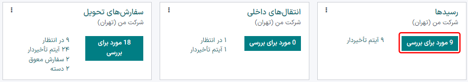 رسید آماده پردازش در نمای کانبان در نمای کلی داشبورد انبار.