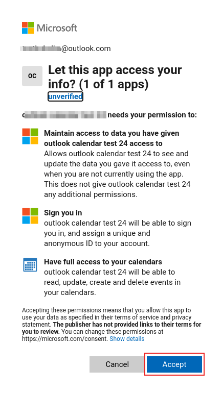 فرایند احراز هویت در صفحۀ Microsoft Outlook OAuth.
