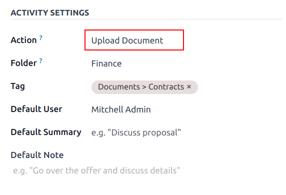 تنظیمات فعالیت در یک نوع فعالیت جدید با تأکید بر فیلد عملیات.