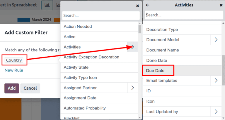 پنجره فیلتر سفارشی با تأکید بر گزینه‌های فعالیت‌ها و تاریخ سررسید.