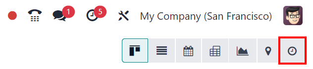 منوی بالا-چپ که آیکون فعالیت‌ها در آن مشخص شده است.