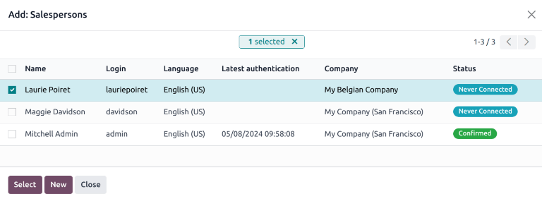 پنجره افزودن: فروشندگان در تیم فروش جدید.