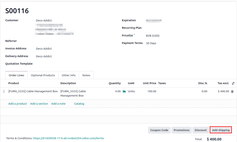 نمایش دکمه «افزودن ارسال» در پیش‌فاکتور.