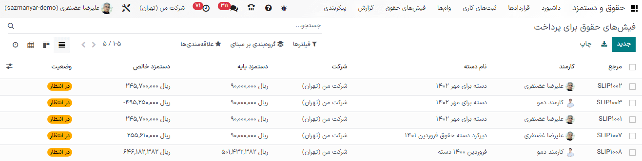نمایی از تمام فیش‌های حقوقی برای پرداخت در صفحه فیش‌های قابل پرداخت.
