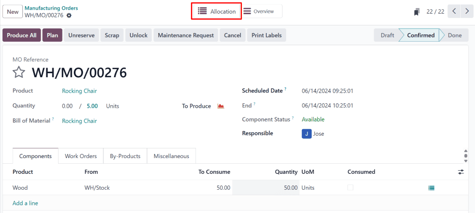 دکمه هوشمند تخصیص در بالای یک سفارش تولید.