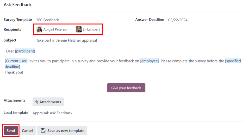 پاپ‌آپ ایمیل هنگام درخواست بازخورد از کارمندان دیگر.