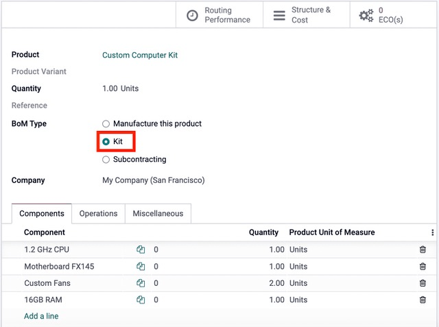انتخاب کیت در لیست مواد.