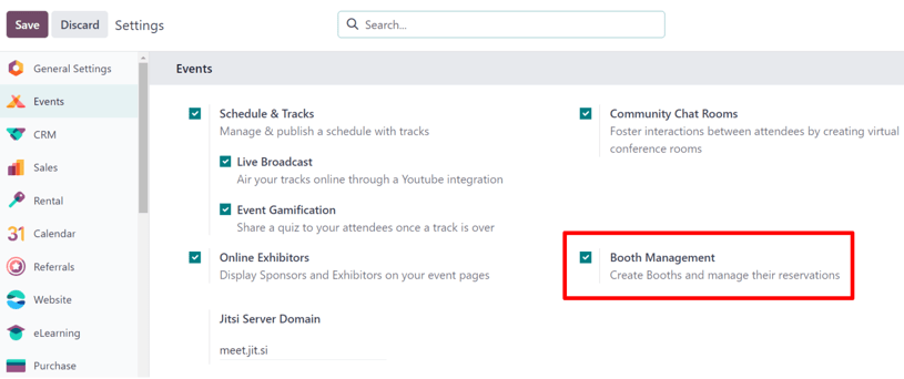تنظیمات مدیریت غرفه در برنامه رویدادها.
