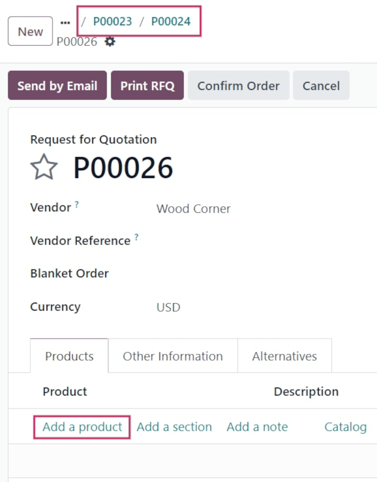 پیش‌فاکتور خالی و نمایش جایگزین‌ها در مسیر پیمایش بالا.