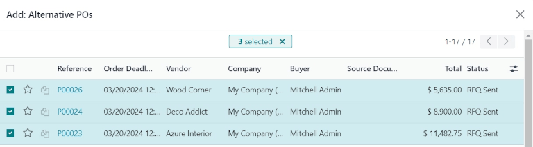 پاپ‌آپ لینک درخواست پیش‌فاکتور جدید به RFQهای موجود.