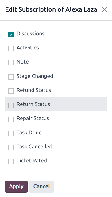 پنجره ویرایش اشتراک در تیکت سامانه پشتیبانی.