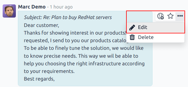 گزینه ویرایش پیام در یک رشته کادر پیام.