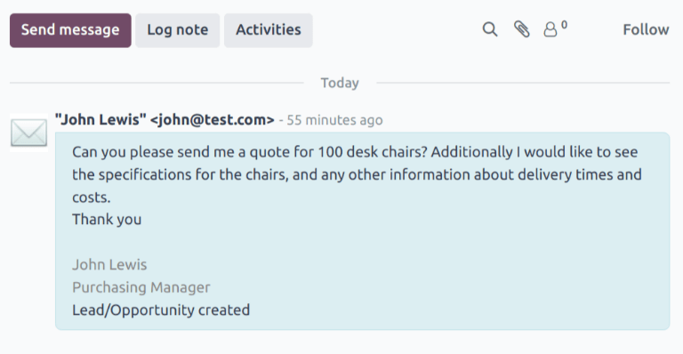 کادر گفتگوی سرنخ تازه‌ایجاد شده در برنامه CRM.