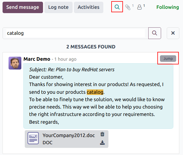 نتایج جستجو در یک رشته کادر پیام با تأکید بر آیکون جستجو و دکمه پرش.