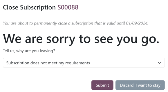 پنجره بستن اشتراک که مشتریان هنگام بستن اشتراک مشاهده می‌کنند.