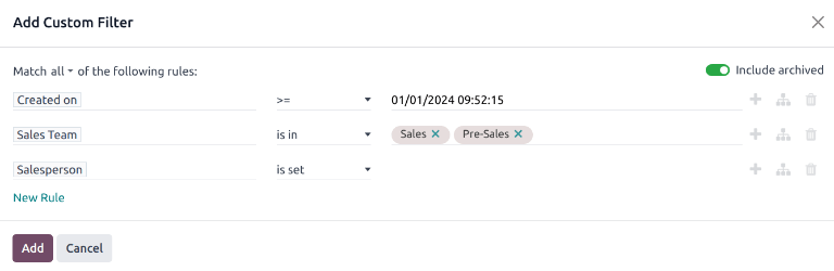 نمونه‌ای از پنجره فیلتر سفارشی با پیکربندی همه قوانین.
