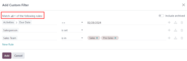 نمونه‌ای از پنجره فیلتر سفارشی با پیکربندی همه قوانین.