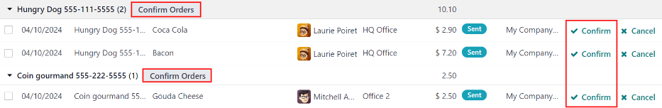 داشبورد سفارش‌های امروز، با دو روش مختلف برای تأیید یک سفارش هایلایت شده.