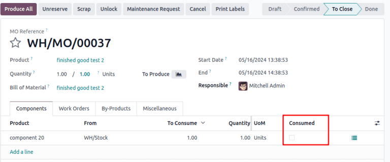 نمایش سفارش تولید، با برجسته کردن فیلد *مصرف شده*.