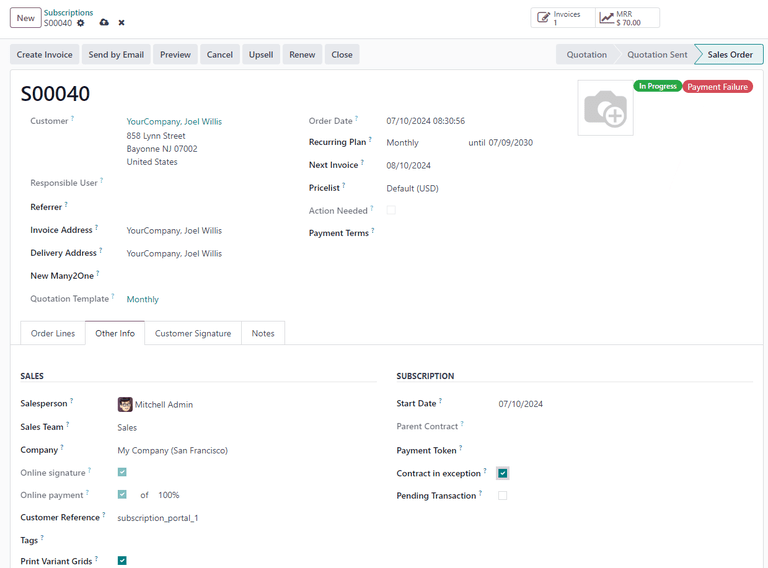 گزینه "قرارداد خطا دارد" انتخاب شده با برچسب «خطا در پرداخت» نمایش داده شده.