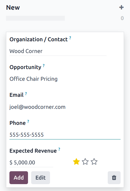 داشبورد مراحل CRM با یک فرصت جدید ایجاد شده.