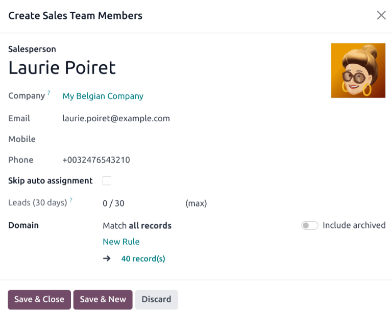 پنجره ایجاد اعضای تیم فروش.