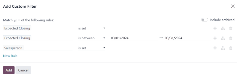 پنجره بازشوی افزودن فیلترهای سفارشی با فیلترهای سفارشی پیکربندی شده برای گزارش درآمد پیش‌بینی شده.