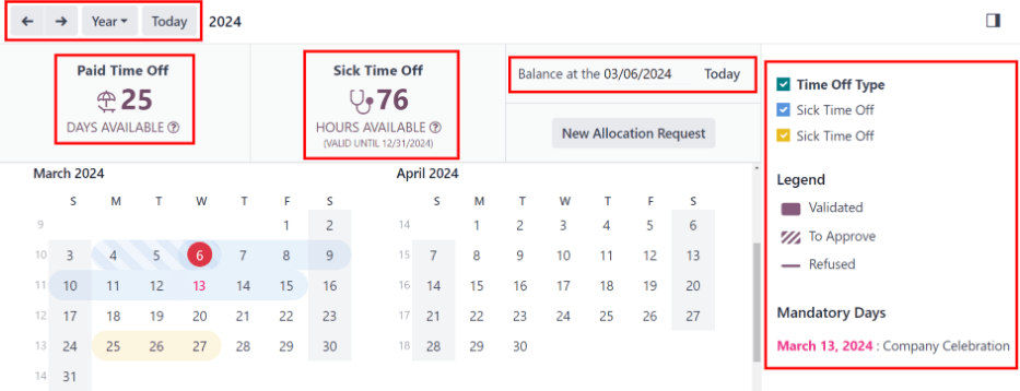 نمای داشبورد مرخصی با نشانگر، خلاصه‌های مرخصی و دکمه‌های نمای برجسته.
