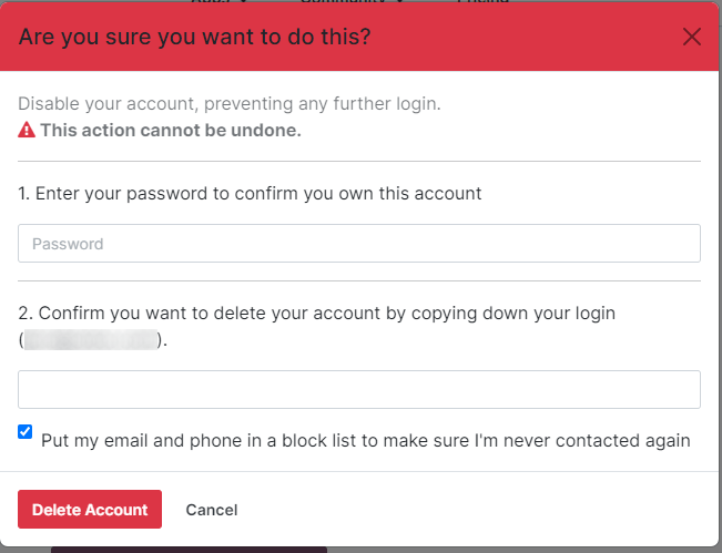 کلیک بر دکمه حذف حساب پنجره‌ای برای تأیید باز می‌کند.