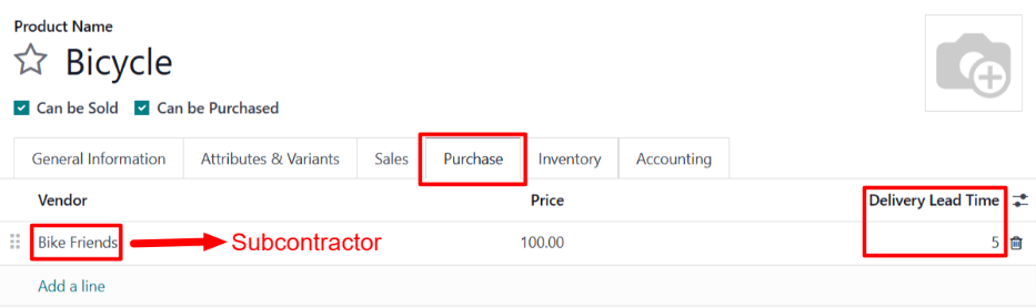 فیلد زمان انتظار برای یک پیمانکار فرعی، در تب خرید صفحه محصول.