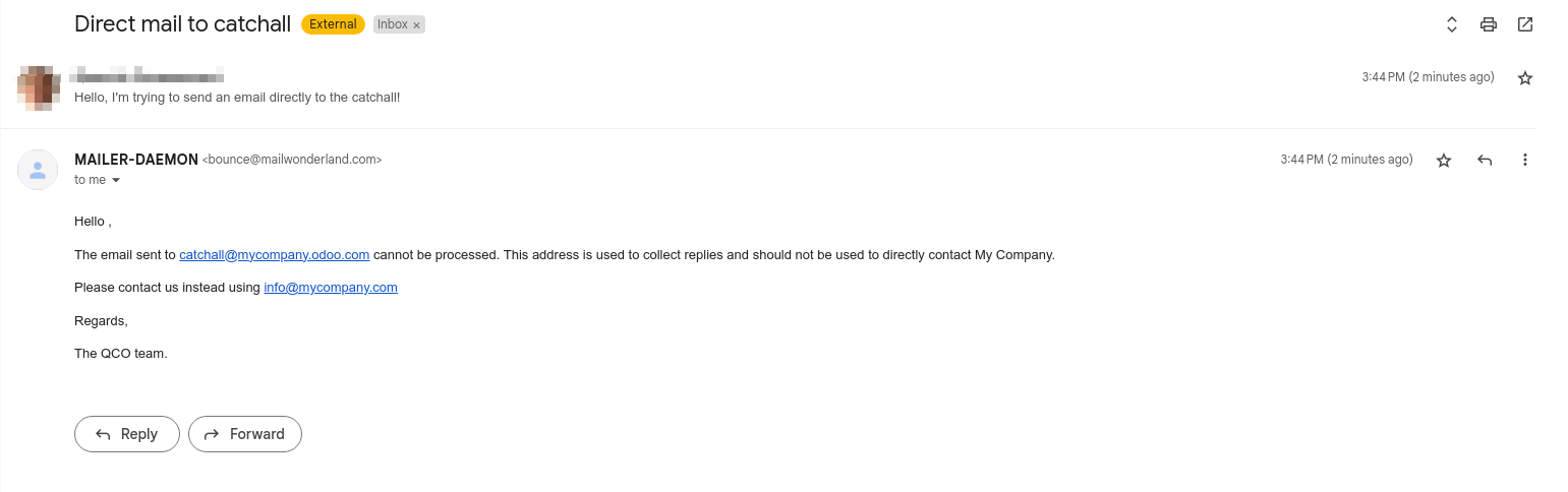 ایمیل بازگشتی از "MAILER-DEAMON" که توضیح می‌دهد چگونه با پایگاه داده تماس بگیرید.